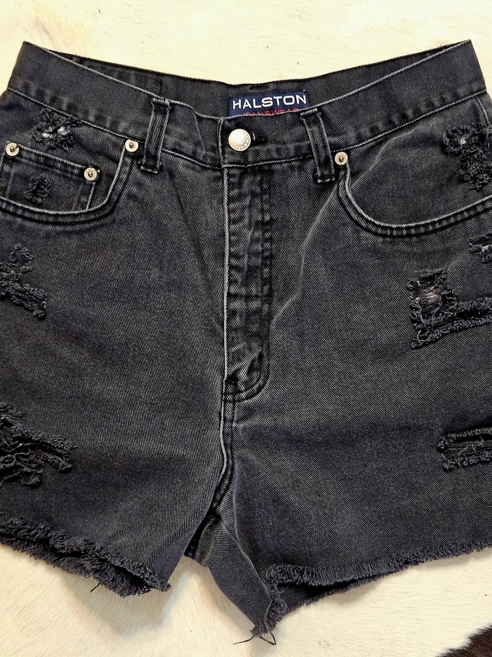 Vintage 1990s Halston Black Distressed Denim Shorts SMALL